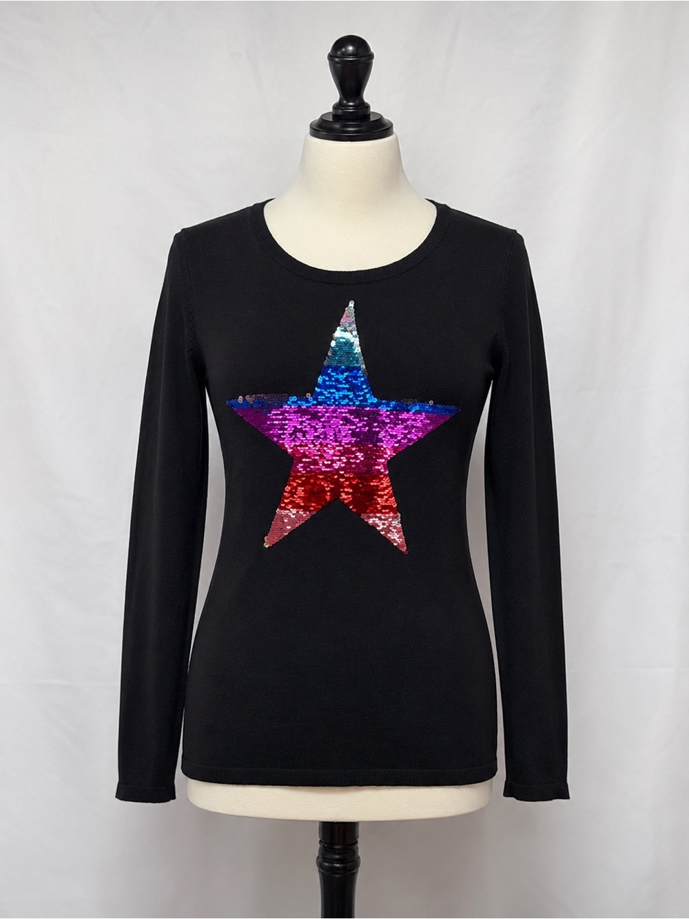 INC International Concepts Womenâs Sequin Star Sweater Black Size M NWT